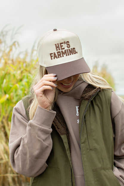 'HE'S FARMING' Embroidered Trucker Hat - Brown