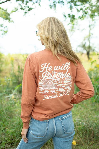 'He Will Provide' Isaiah 30:23 Rust Long Sleeve