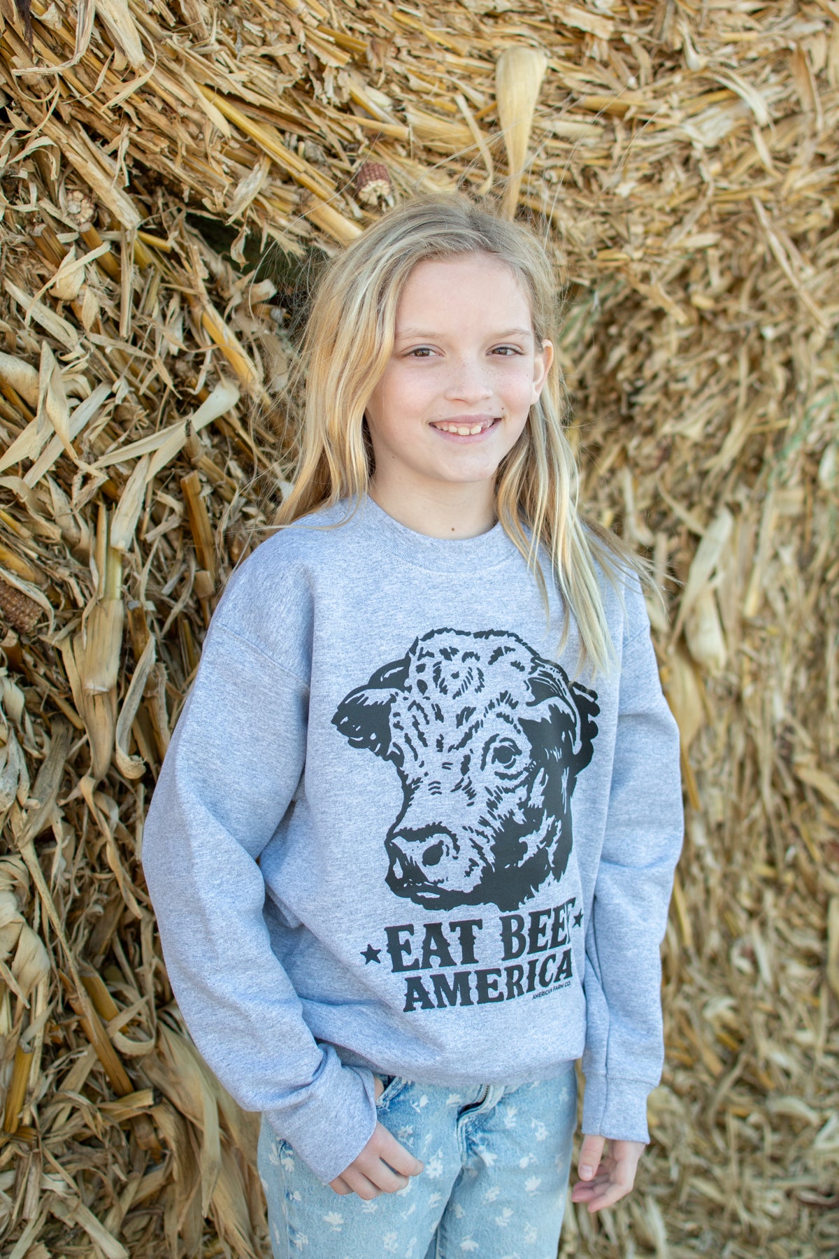 Hereford 'Eat Beef America' Grey Toddler/Youth Crewneck