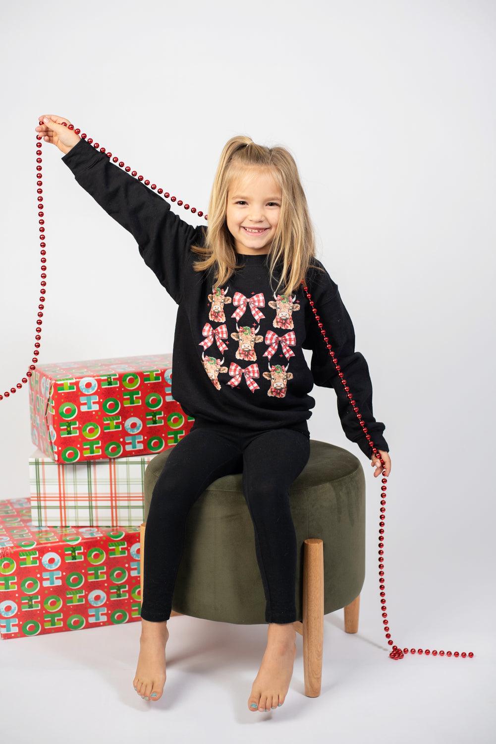 Highland Cow & Bows Youth Black Crewneck - American Farm Company