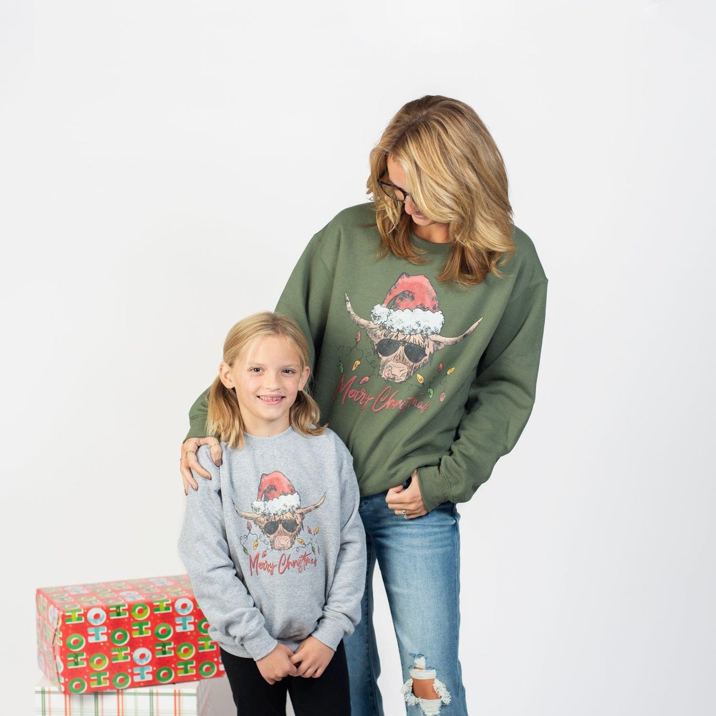 Highland Cow Retro Christmas Youth Grey Crewneck - American Farm Company