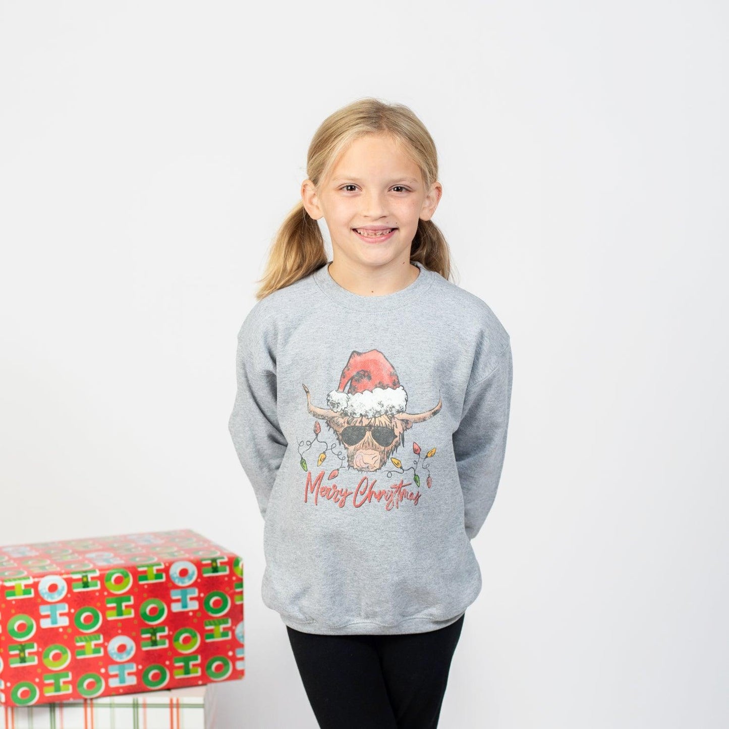 Highland Cow Retro Christmas Youth Grey Crewneck - American Farm Company