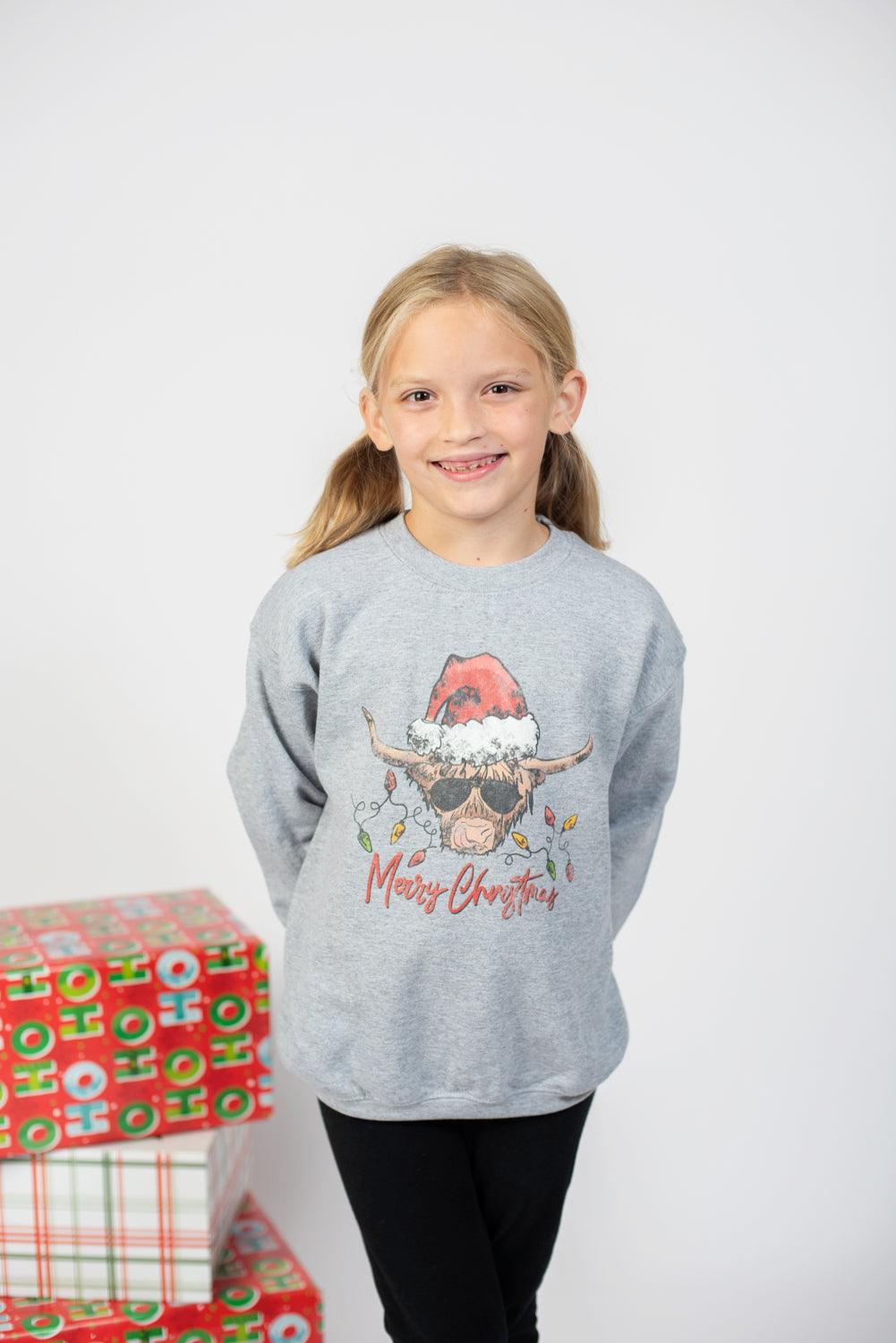 Highland Cow Retro Christmas Youth Grey Crewneck - American Farm Company