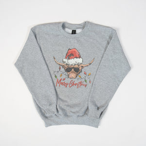 Highland Cow Retro Christmas Youth Grey Crewneck - American Farm Company