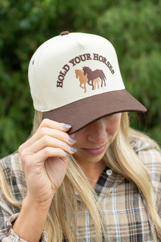 Hold Your Horses Embroidered Letter Two Tone Trucker Hat
