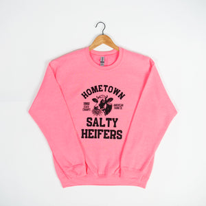 ‘Hometown Salty Heifers’ Neon Pink Crewneck - American Farm Company