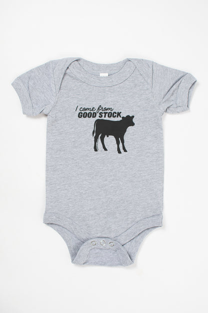 'I Come From Good Stock' Calf Gray Onesie