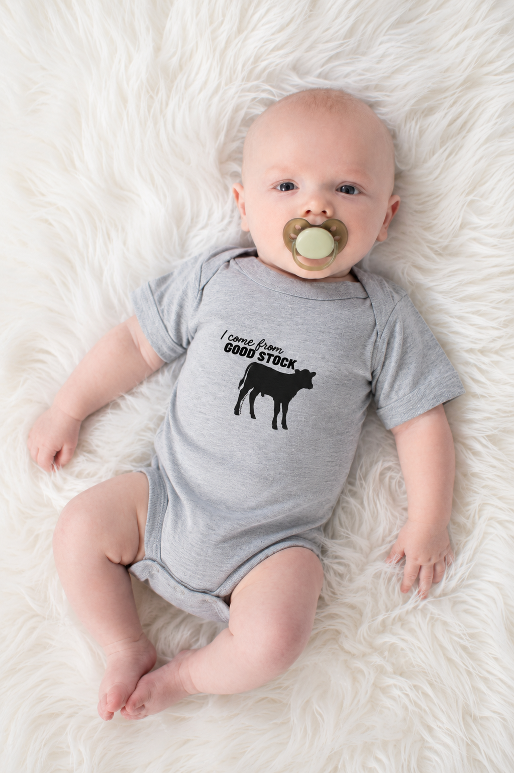 'I Come From Good Stock' Calf Gray Onesie