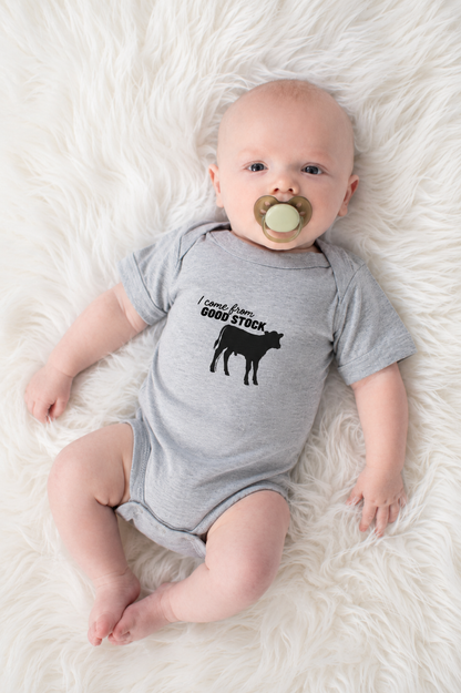 'I Come From Good Stock' Calf Gray Onesie