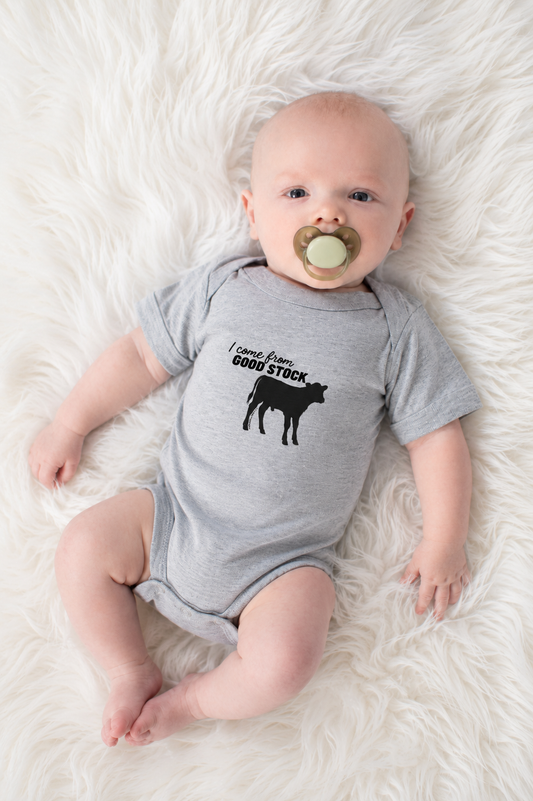 'I Come From Good Stock' Calf Gray Onesie
