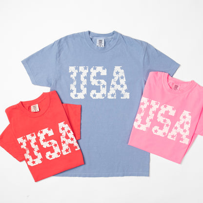Distressed 'USA' Neon Pink Tee
