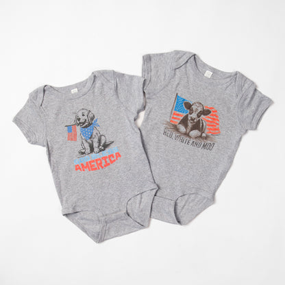 Patriotic Calf 'Red, White, & Moo' Baby Onesie