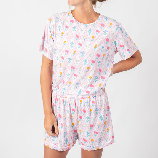 Diamond Floral Chicken Bamboo Pajama 2-Piece Set - Adult