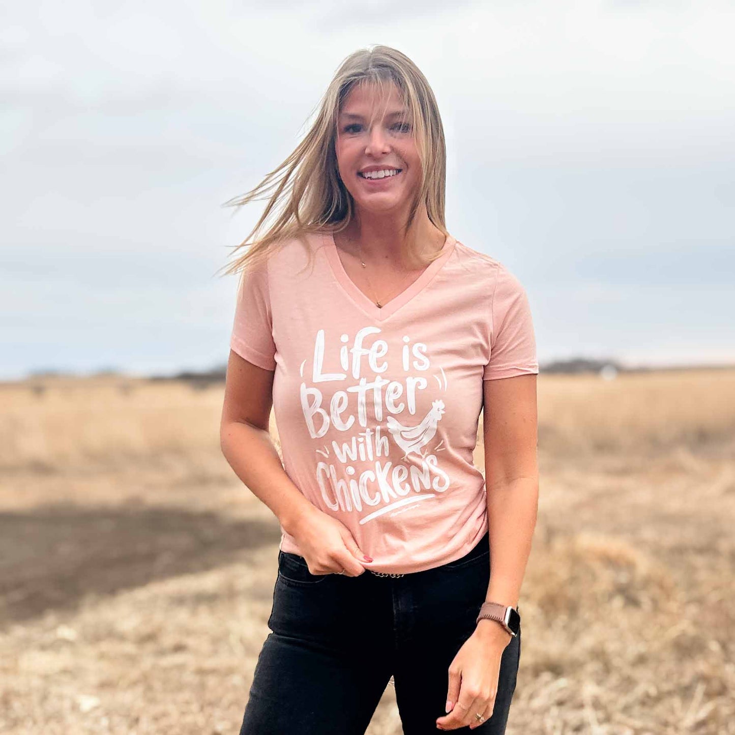 Life is Better with Chickens Peach V-Neck Tee