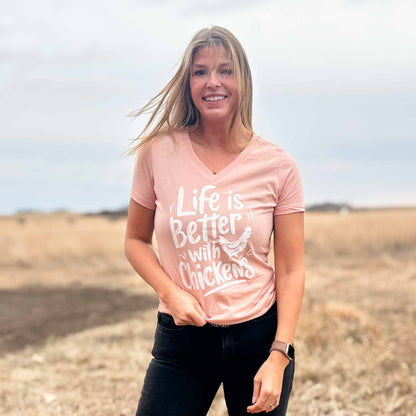 Life is Better with Chickens Peach V-Neck Tee