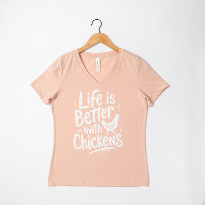 Life is Better with Chickens Peach V-Neck Tee