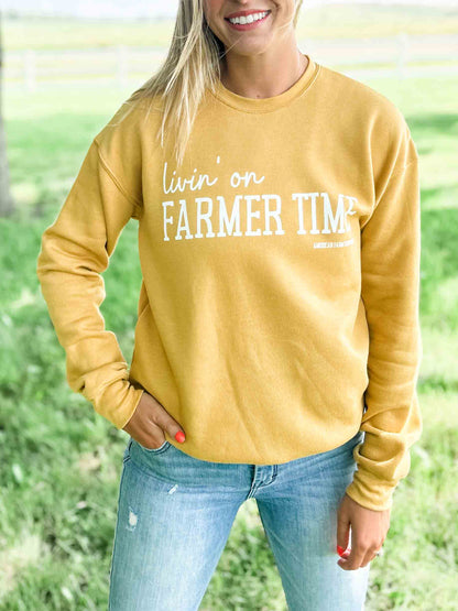 ‘Livin’ on Farmer Time’ Mustard Crewneck