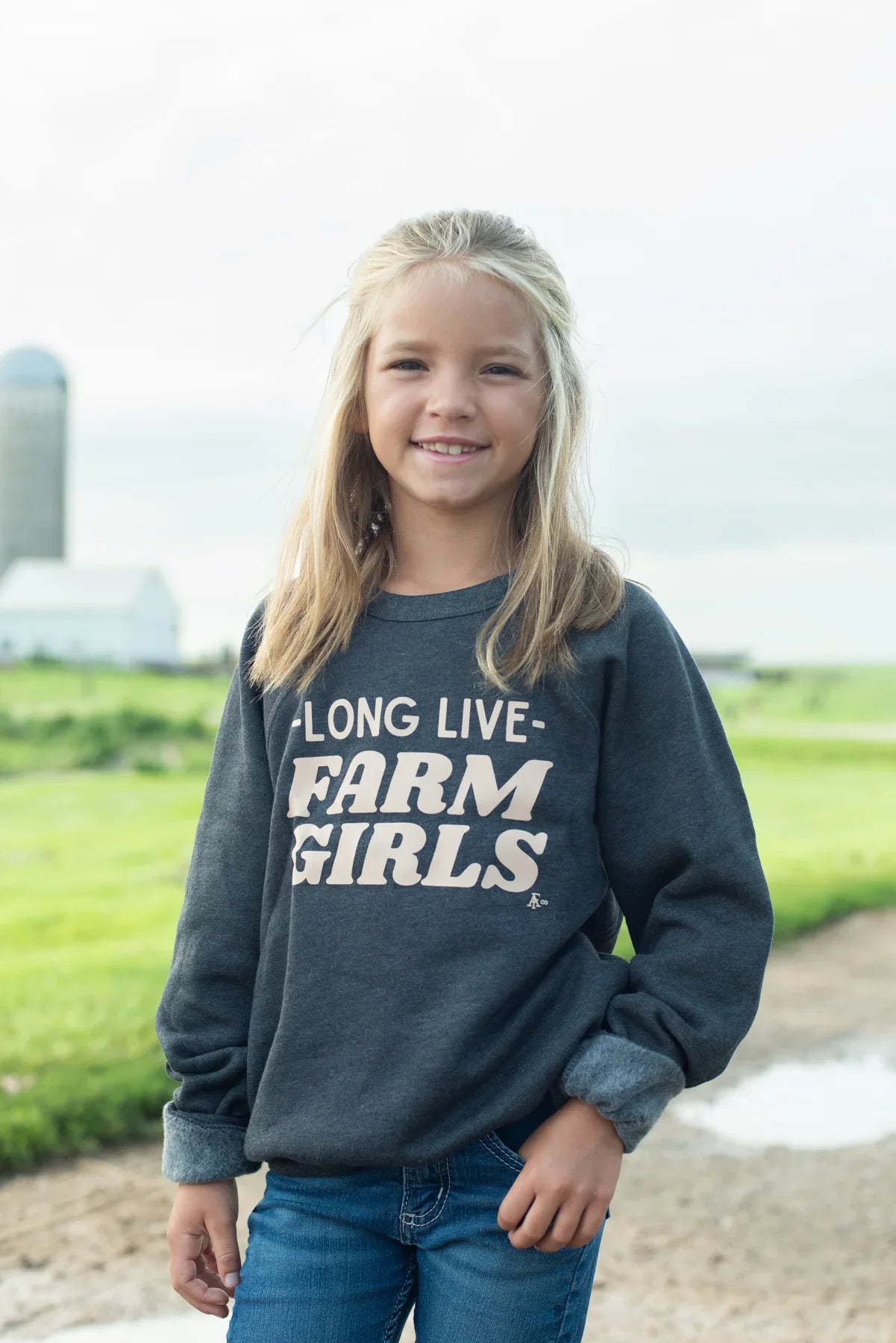 Charcoal crewneck sweatshirt with ‘Long Live Farm Girls’ in bold cream lettering, relaxed fit, ideal for young rural heritage style by American Farm Company.