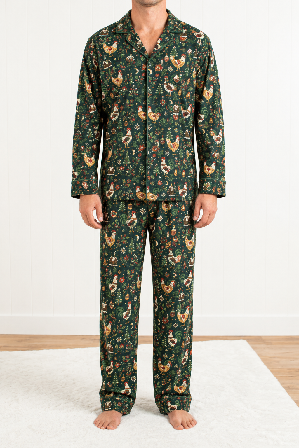 Folk Christmas Chicken Adult Notch Collar Top and Pajama Pant Set *Preorder*