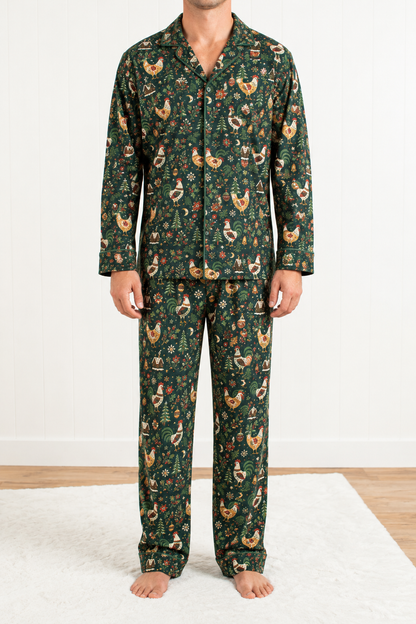 Folk Christmas Chicken Adult Notch Collar Top and Pajama Pant Set *Preorder*