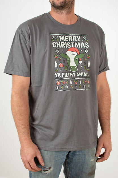 'Merry Christmas Ya Filthy Animal' Cow Charcoal Tee