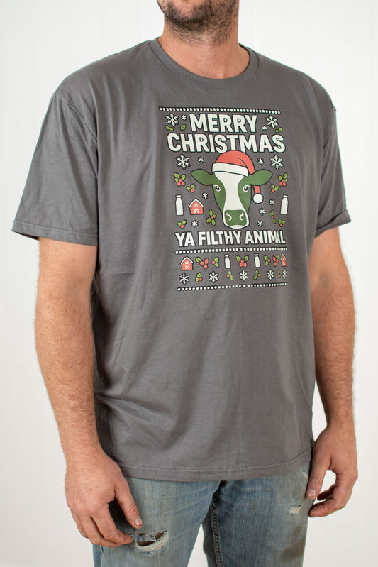 'Merry Christmas Ya Filthy Animal' Cow Charcoal Tee