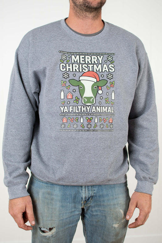 'Merry Christmas Ya Filthy Animal' Cow Crewneck