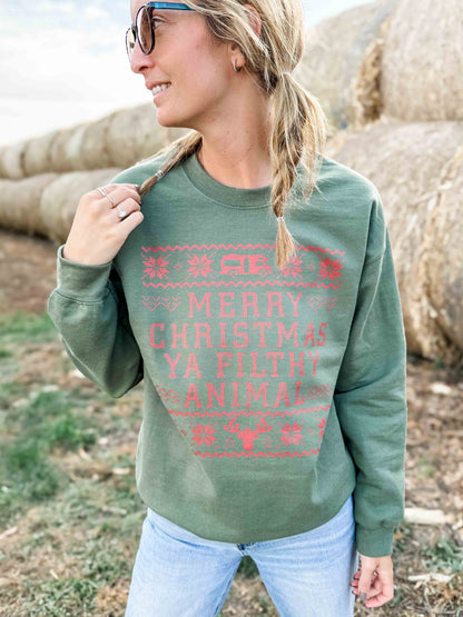 'Merry Christmas Ya Filthy Animal' Green Crewneck