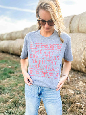 'Merry Christmas Ya Filthy Animal' Grey Tee