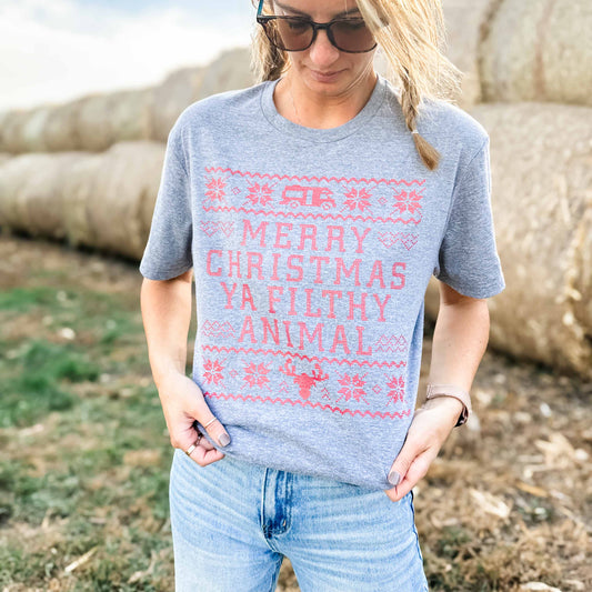 'Merry Christmas Ya Filthy Animal' Grey Tee