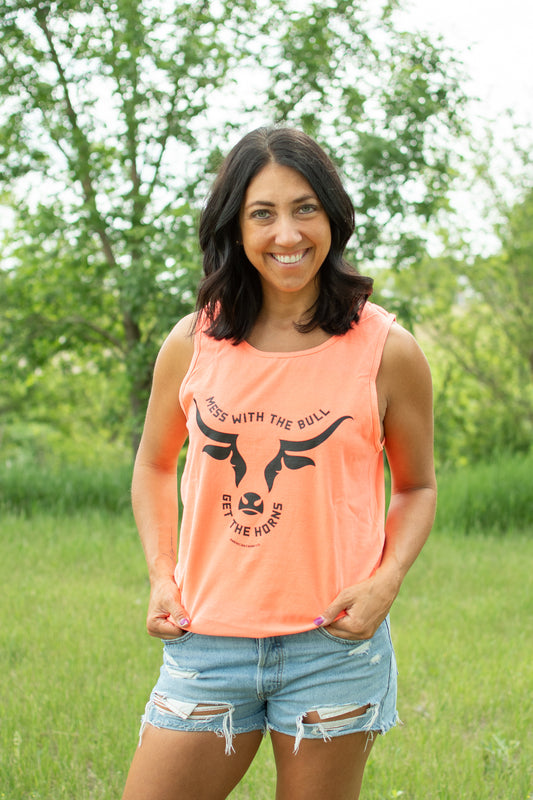 Mess with the Bull, Get the Horns' Neon Orange Tank Top