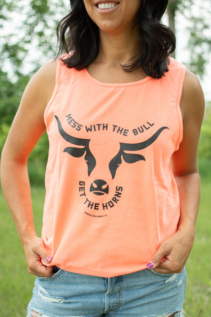 Mess with the Bull, Get the Horns' Neon Orange Tank Top