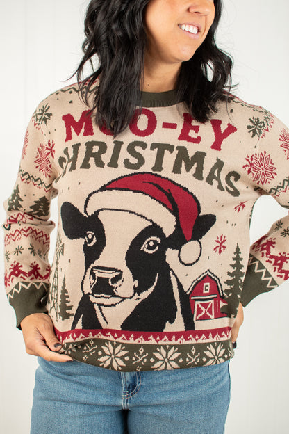 'Moo-ey Christmas' Knit Sweater