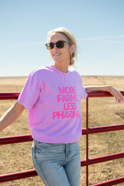 'More Farms. Less Pharma.' Neon Purple Tee