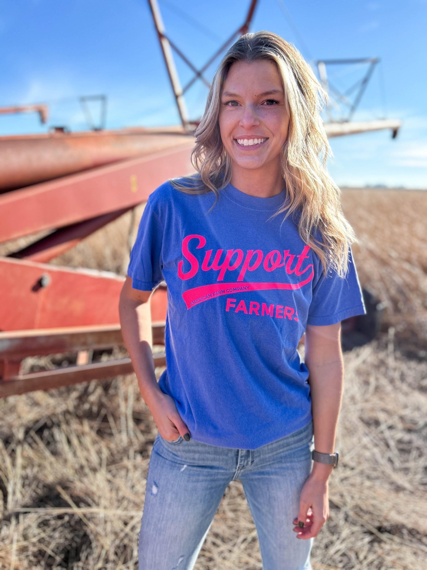 Neon 'Support Farmers Banner' Blue Tee - American Farm Company