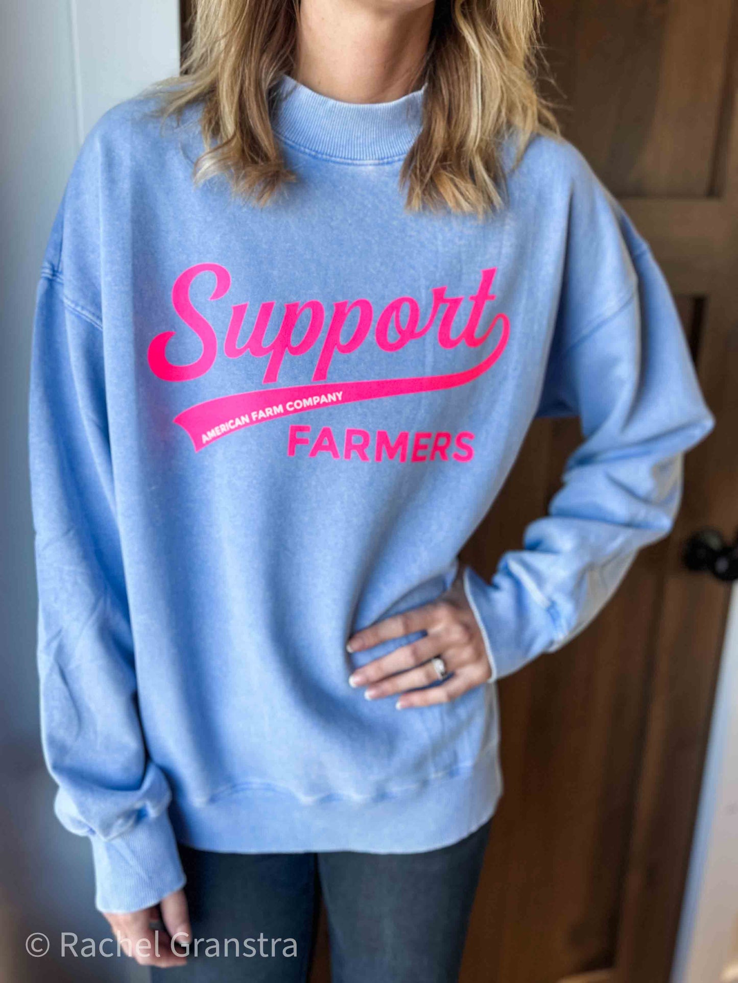 'Neon Support Farmers' Washed Denim Blue Everyday Crewneck
