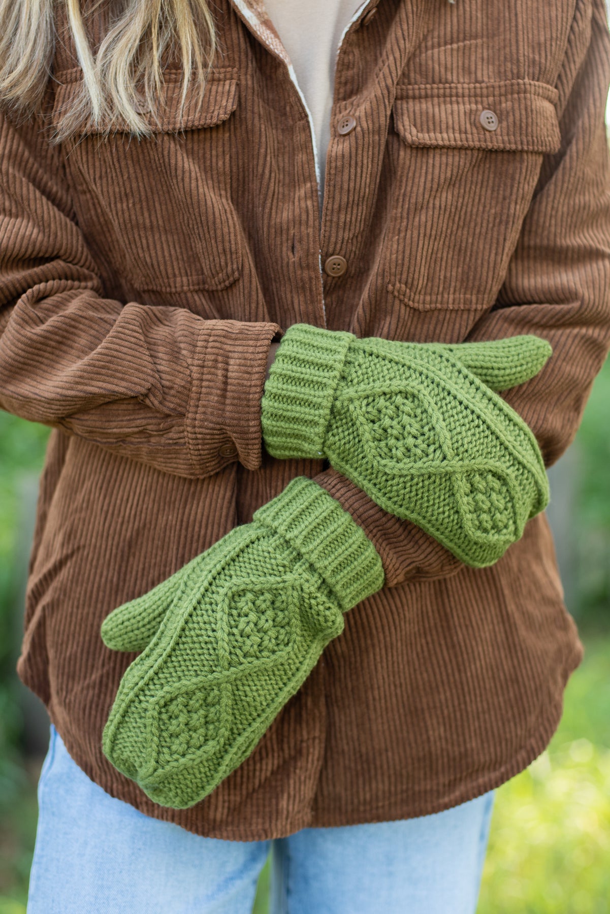Olive Cable Knit Mittens