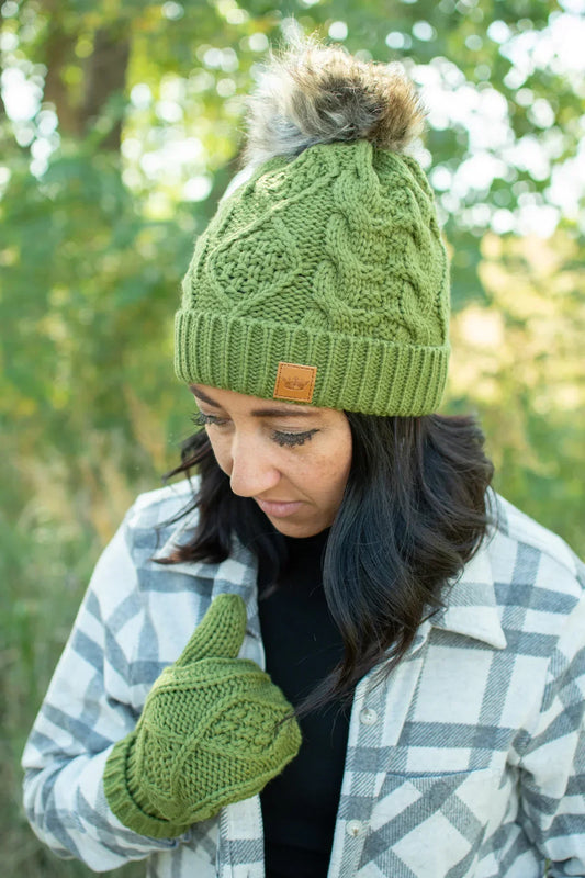Olive Cable Knit Pom Hat