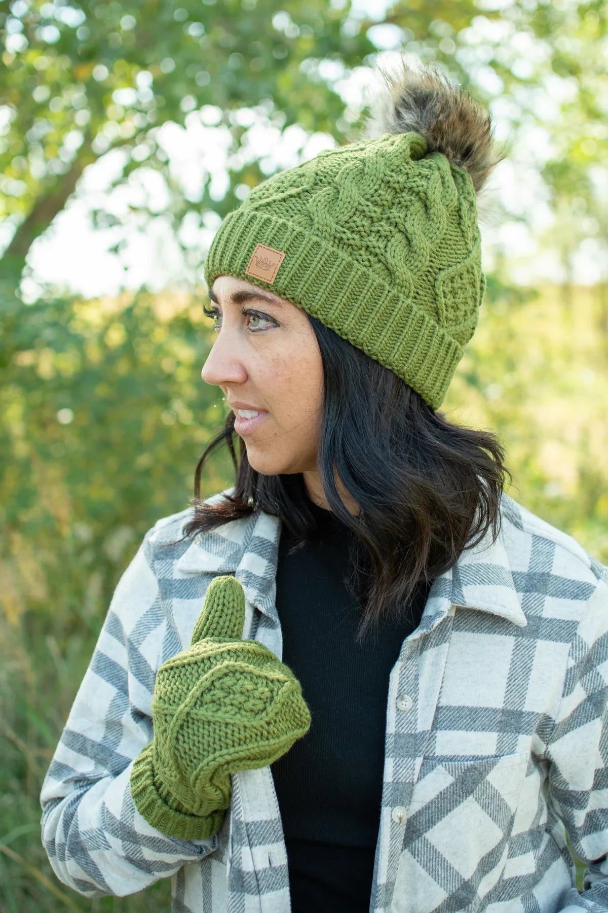Olive Cable Knit Pom Hat