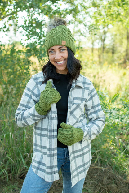 Olive Cable Knit Pom Hat