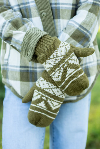 Olive & Cream Patterned Mittens
