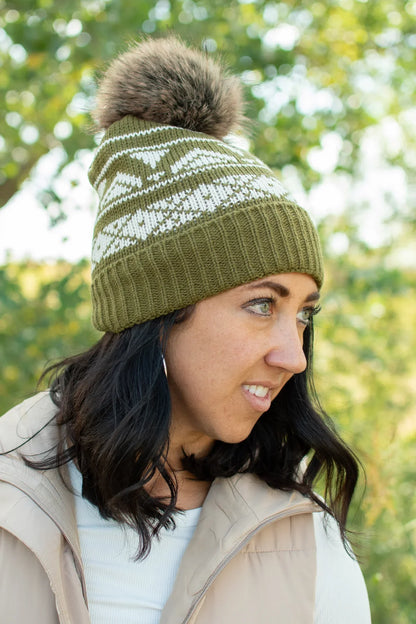 Olive & Cream Patterned Pom Hat