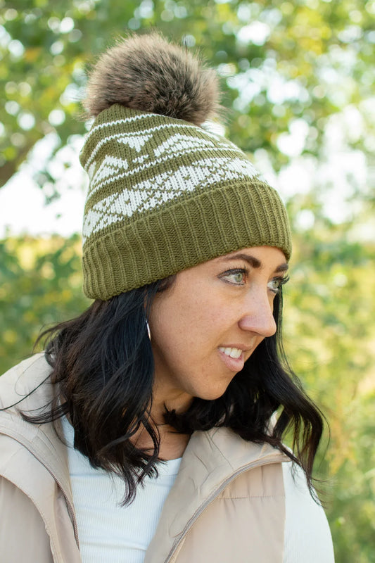 Olive & Cream Patterned Pom Hat