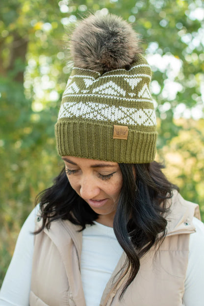 Olive & Cream Patterned Pom Hat