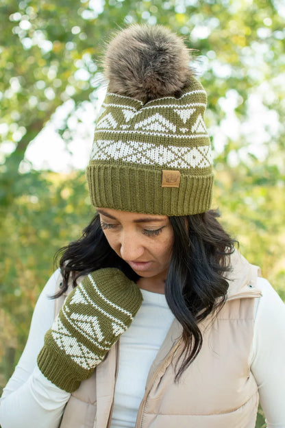 Olive & Cream Patterned Mittens