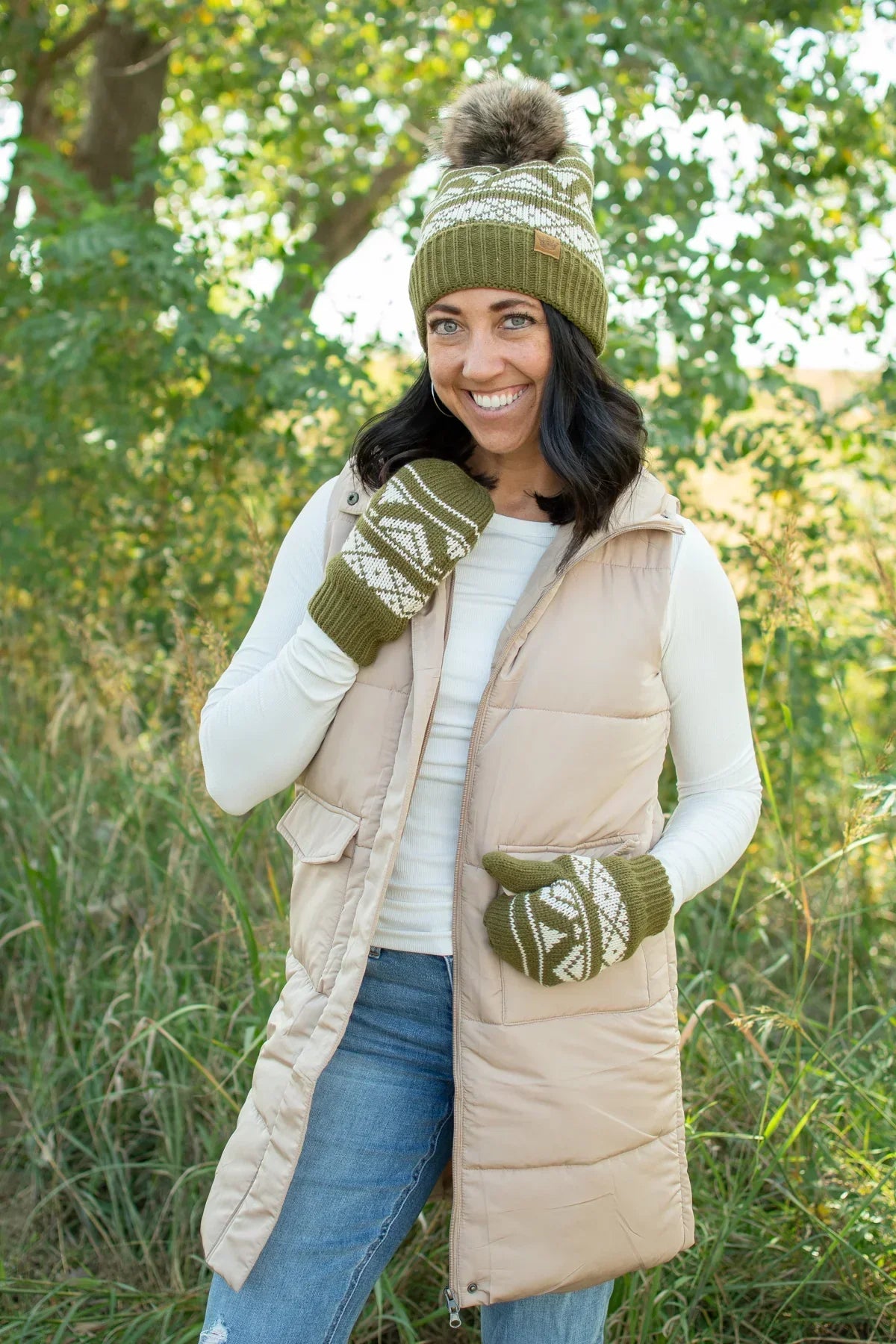 Olive & Cream Patterned Mittens