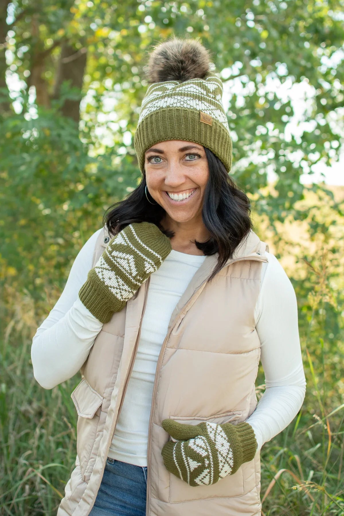Olive & Cream Patterned Pom Hat