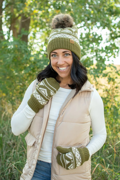 Olive & Cream Patterned Pom Hat