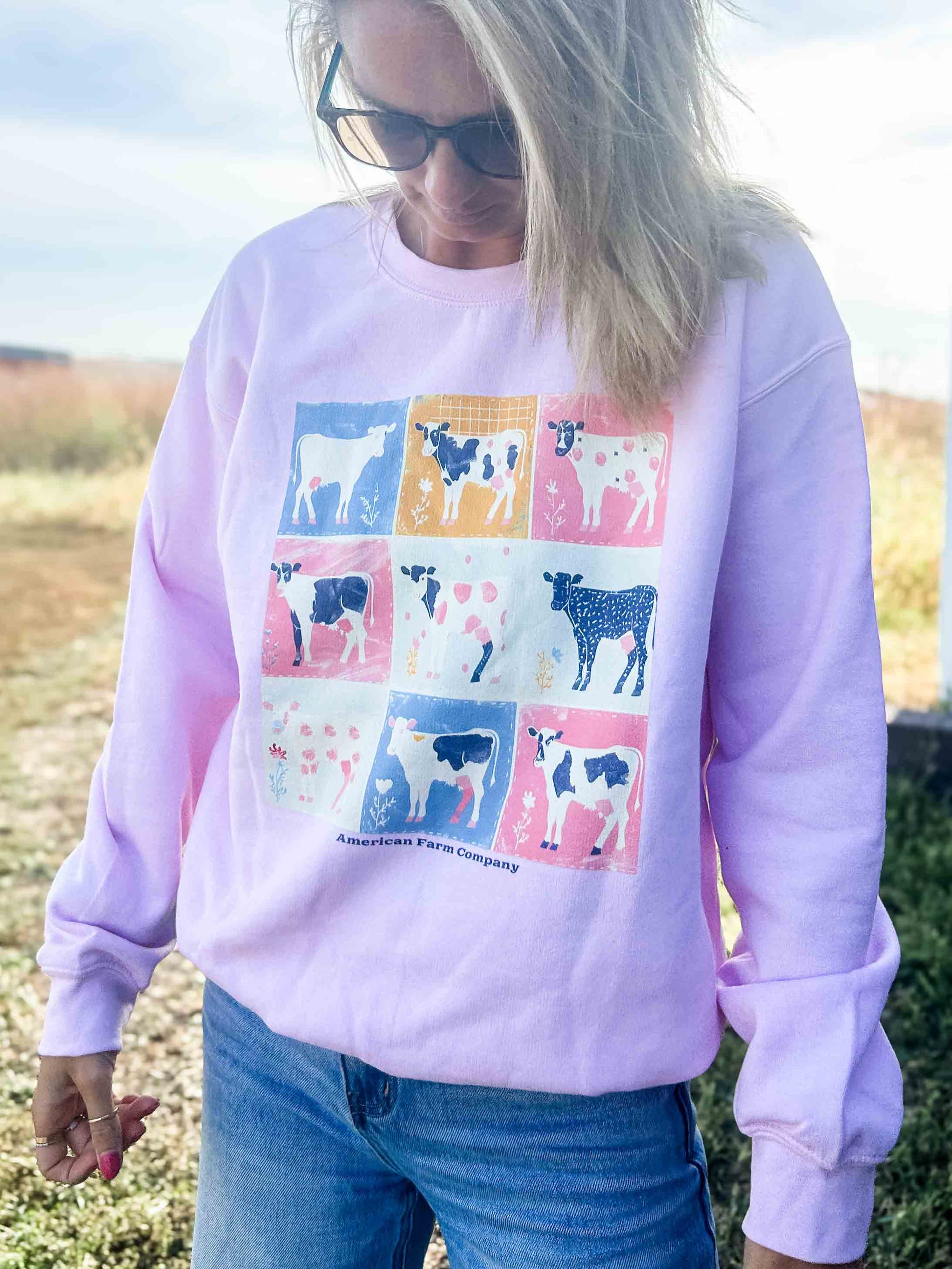 Patchwork Cow Pink Crewneck - American Farm Company