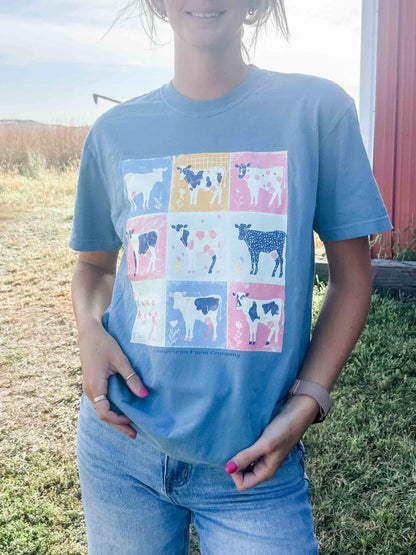 Patchwork Cows Washed Blue Tee - American Farm Company